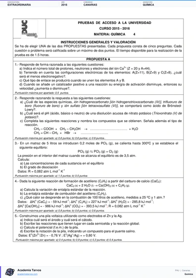 Vista previa de Examen PAU de Química de Canarias 2016 – Extraordinaria