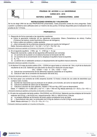 Vista previa de Examen PAU de Química de Canarias 2016 – Ordinaria