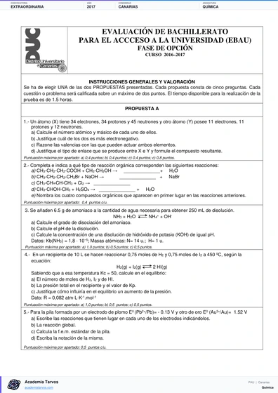 Vista previa de Examen PAU de Química de Canarias 2017 – Extraordinaria