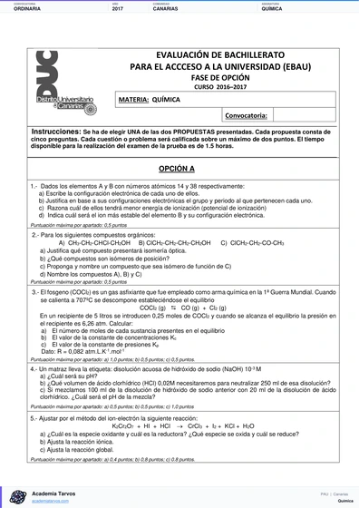 Vista previa de Examen PAU de Química de Canarias 2017 – Ordinaria