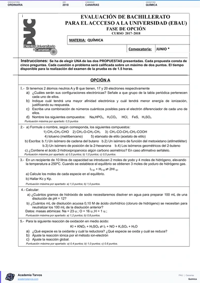 Vista previa de Examen PAU de Química de Canarias 2018 – Ordinaria