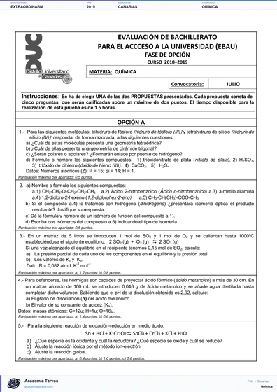 Vista previa de Examen PAU de Química de Canarias 2019 – Extraordinaria