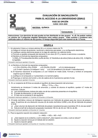 Vista previa de Examen PAU de Química de Canarias 2020 – Extraordinaria