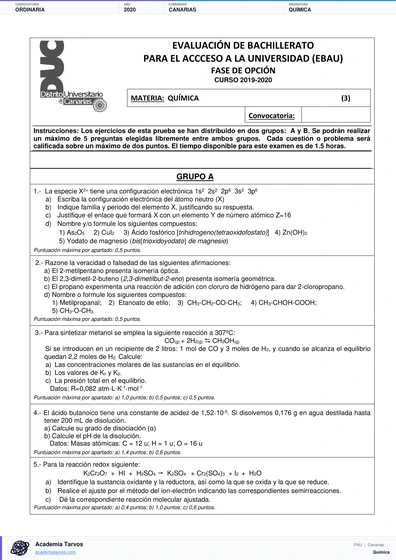 Vista previa de Examen PAU de Química de Canarias 2020 – Ordinaria