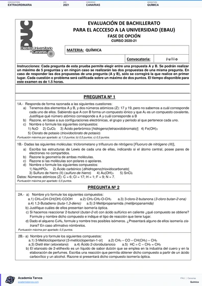 Vista previa de Examen PAU de Química de Canarias 2021 – Extraordinaria