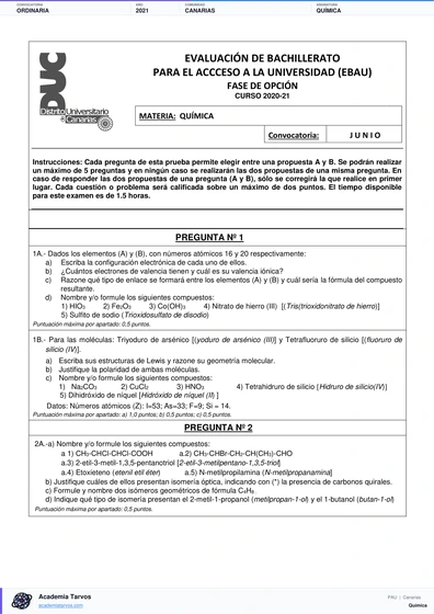 Vista previa de Examen PAU de Química de Canarias 2021 – Ordinaria