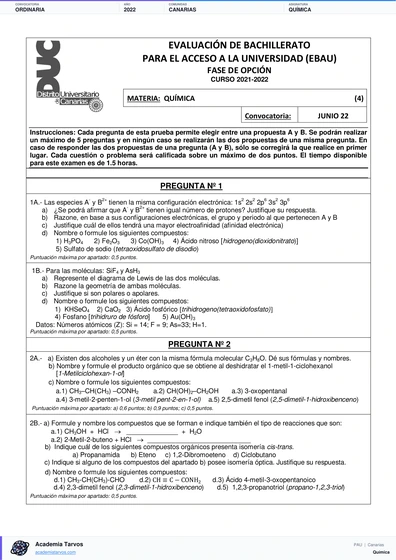 Vista previa de Examen PAU de Química de Canarias 2022 – Ordinaria