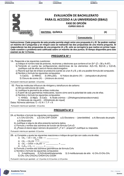 Vista previa de Examen PAU de Química de Canarias 2023 – Ordinaria