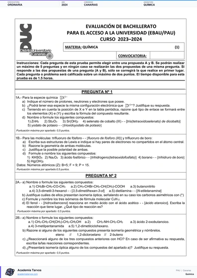 Vista previa de Examen PAU de Química de Canarias 2024 – Ordinaria