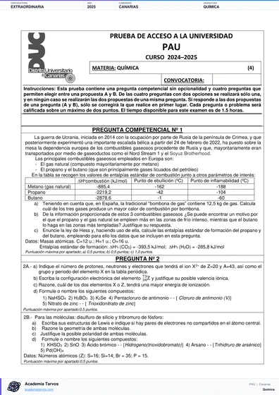 Vista previa de Examen PAU de Química de Canarias 2025 – Extraordinaria