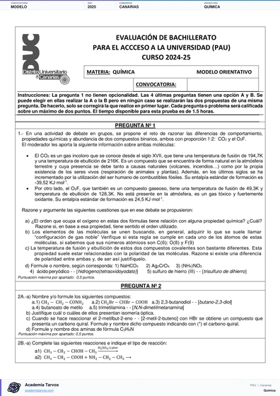Vista previa de Modelo PAU de Química de Canarias 2025