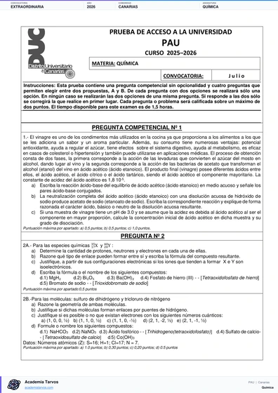 Vista previa de Examen PAU de Química de Canarias 2026 – Extraordinaria