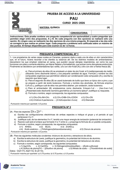 Vista previa de Examen PAU de Química de Canarias 2026 – Ordinaria