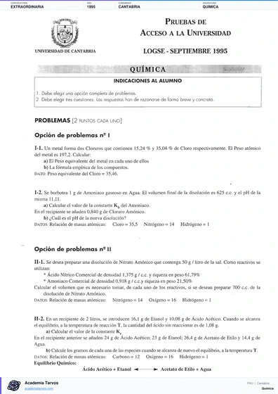 Vista previa de Examen PAU de Química de Cantabria 1995 – Extraordinaria