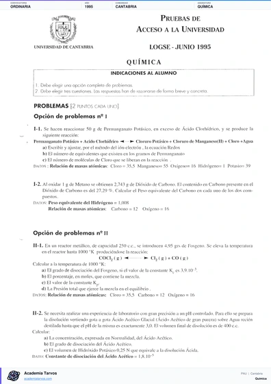Vista previa de Examen PAU de Química de Cantabria 1995 – Ordinaria