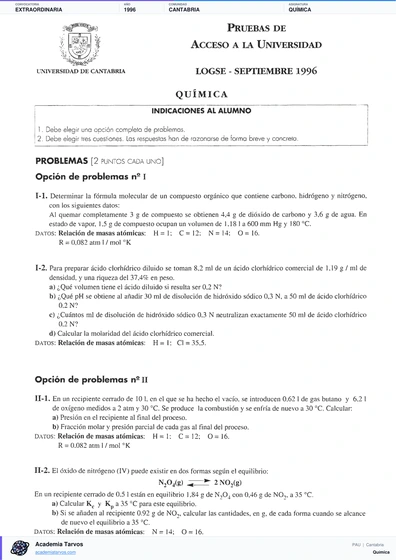Vista previa de Examen PAU de Química de Cantabria 1996 – Extraordinaria