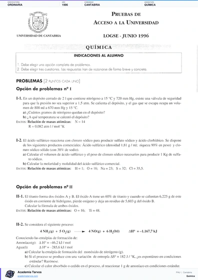 Vista previa de Examen PAU de Química de Cantabria 1996 – Ordinaria