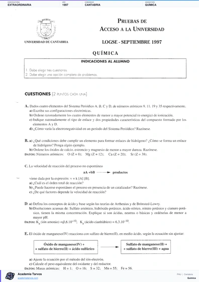 Vista previa de Examen PAU de Química de Cantabria 1997 – Extraordinaria