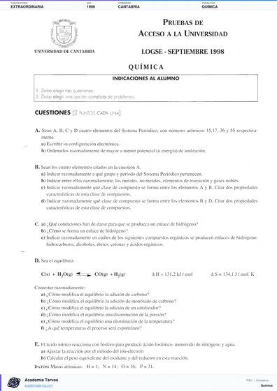 Vista previa de Examen PAU de Química de Cantabria 1998 – Extraordinaria