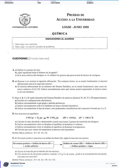 Vista previa de Examen PAU de Química de Cantabria 1999 – Ordinaria
