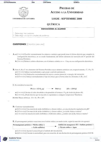 Vista previa de Examen PAU de Química de Cantabria 2000 – Extraordinaria