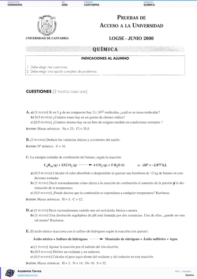 Vista previa de Examen PAU de Química de Cantabria 2000 – Ordinaria