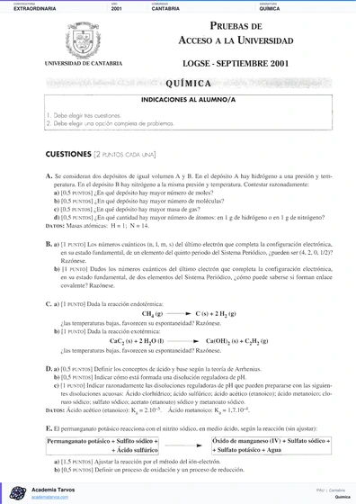 Vista previa de Examen PAU de Química de Cantabria 2001 – Extraordinaria