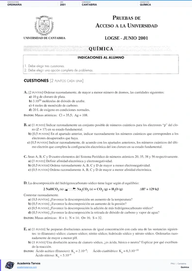Vista previa de Examen PAU de Química de Cantabria 2001 – Ordinaria