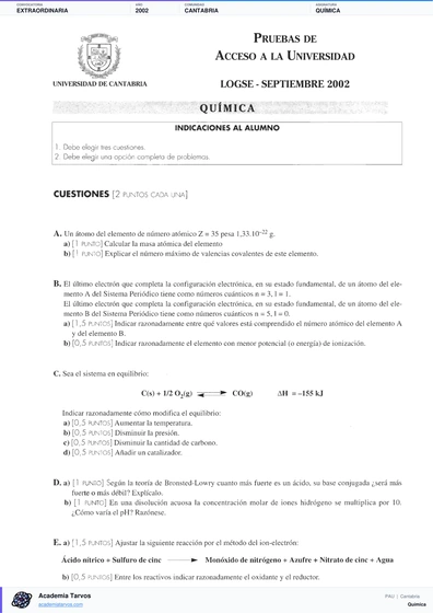 Vista previa de Examen PAU de Química de Cantabria 2002 – Extraordinaria