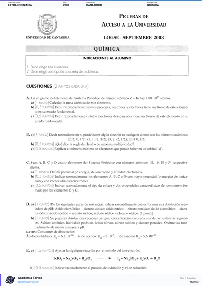 Vista previa de Examen PAU de Química de Cantabria 2003 – Extraordinaria