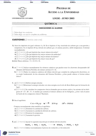 Vista previa de Examen PAU de Química de Cantabria 2003 – Ordinaria