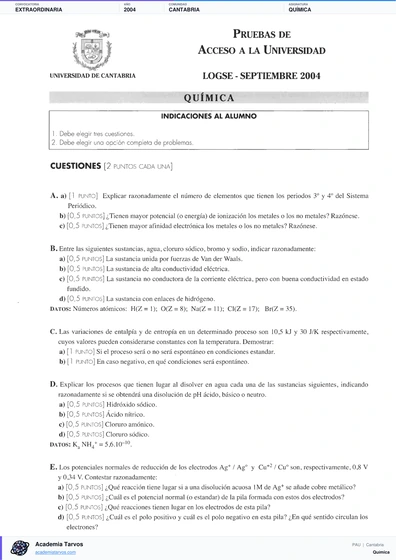 Vista previa de Examen PAU de Química de Cantabria 2004 – Extraordinaria