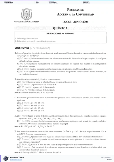Vista previa de Examen PAU de Química de Cantabria 2004 – Ordinaria