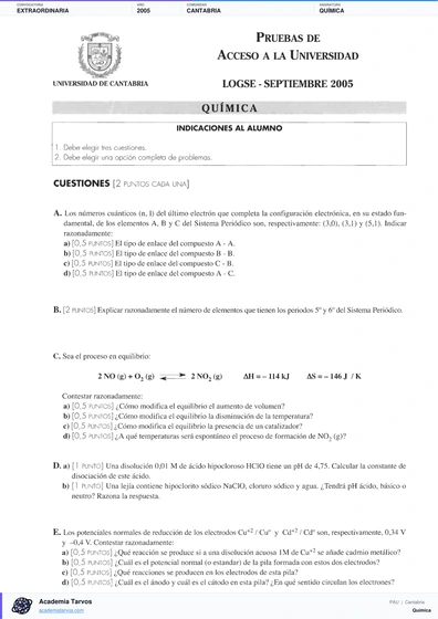 Vista previa de Examen PAU de Química de Cantabria 2005 – Extraordinaria