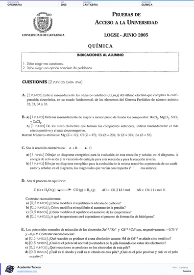 Vista previa de Examen PAU de Química de Cantabria 2005 – Ordinaria