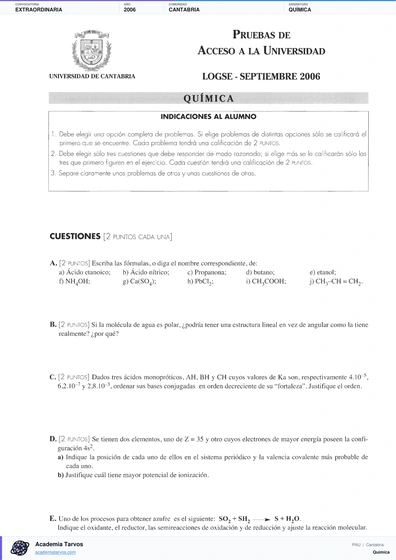 Vista previa de Examen PAU de Química de Cantabria 2006 – Extraordinaria