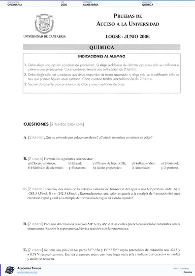 Vista previa de Examen PAU de Química de Cantabria 2006 – Ordinaria