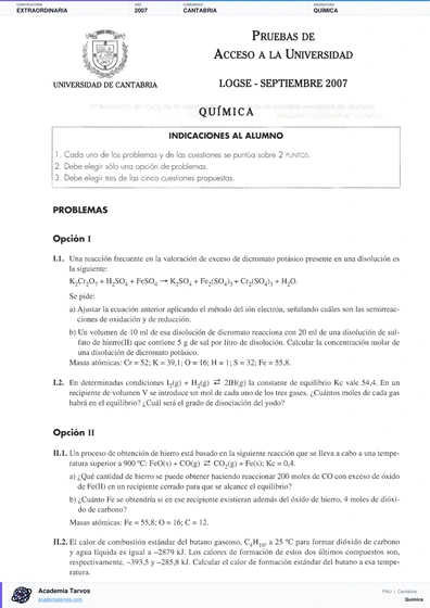 Vista previa de Examen PAU de Química de Cantabria 2007 – Extraordinaria