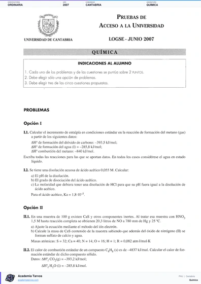 Vista previa de Examen PAU de Química de Cantabria 2007 – Ordinaria