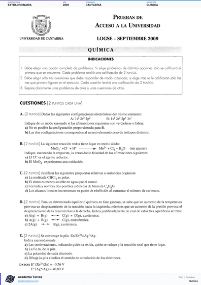 Vista previa de Examen PAU de Química de Cantabria 2009 – Extraordinaria