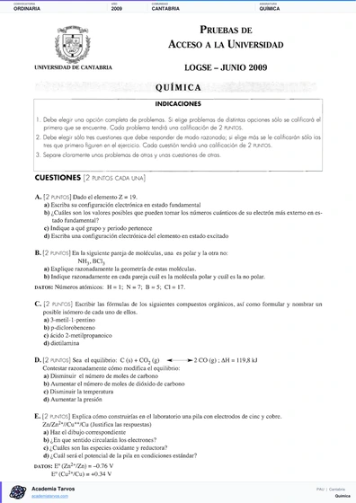 Vista previa de Examen PAU de Química de Cantabria 2009 – Ordinaria