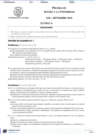 Vista previa de Examen PAU de Química de Cantabria 2010 – Extraordinaria