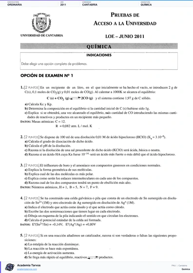 Vista previa de Examen PAU de Química de Cantabria 2011 – Ordinaria