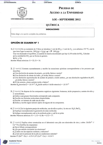 Vista previa de Examen PAU de Química de Cantabria 2012 – Extraordinaria