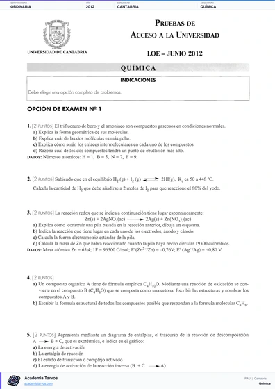 Vista previa de Examen PAU de Química de Cantabria 2012 – Ordinaria