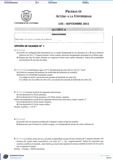 Vista previa de Examen PAU de Química de Cantabria 2013 – Extraordinaria