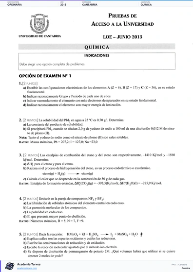 Vista previa de Examen PAU de Química de Cantabria 2013 – Ordinaria