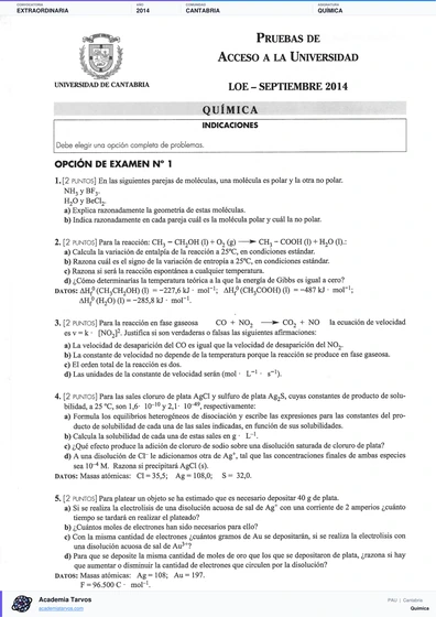 Vista previa de Examen PAU de Química de Cantabria 2014 – Extraordinaria