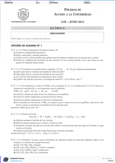 Vista previa de Examen PAU de Química de Cantabria 2014 – Ordinaria