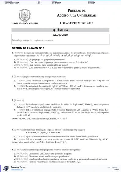 Vista previa de Examen PAU de Química de Cantabria 2015 – Extraordinaria